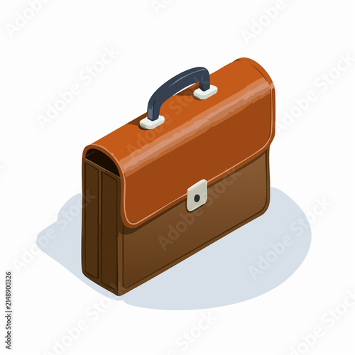 Isometric illustration of a brown leather briefcase with a black handle and silver clasp
