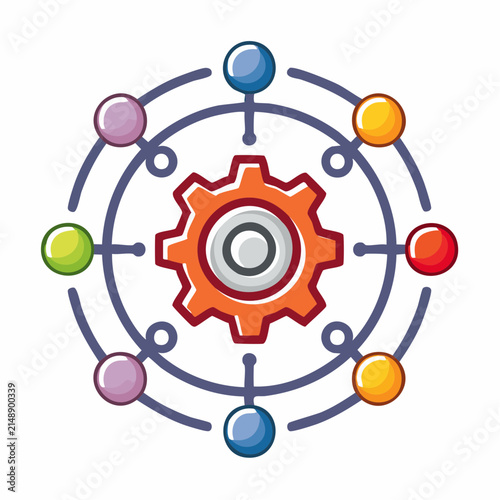 Central gear connected to a network of colorful spheres in a circular diagram