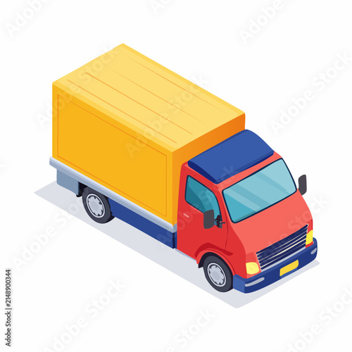 Isometric illustration of a delivery truck with a red cabin and yellow cargo box on wheels