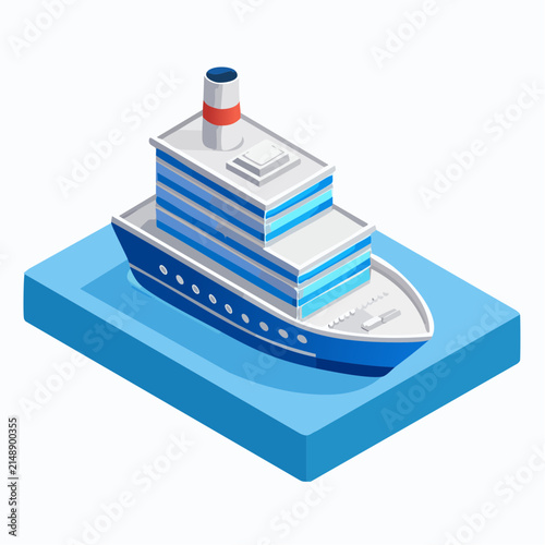 Isometric cruise ship sailing on calm blue water with modern multi-deck design and tall smokestack