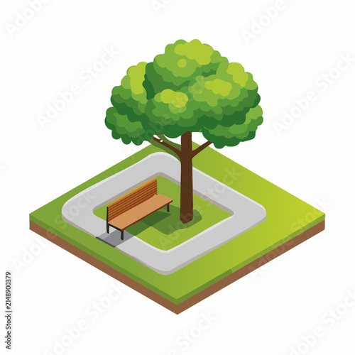 Isometric park scene with a large tree and wooden bench along a paved walkway