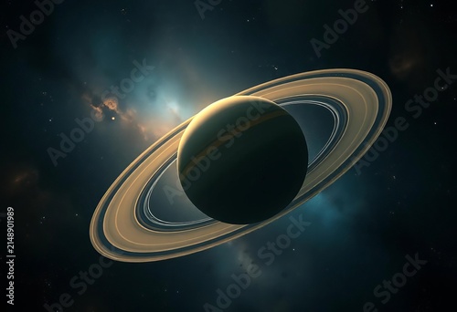 A breathtaking view of Saturn's majestic rings floating in the cosmic abyss, surrounded by shimmering stars and ethereal space dust,  blue, Saturn