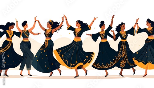 Group of women performing traditional folk dance in beautiful dark blue dresses.
