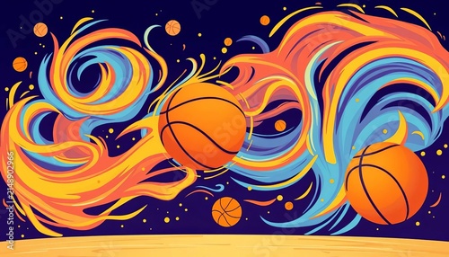 Energetic basketball swirls and dribbles, stylized lines, cartoonish style,  cute,  energy