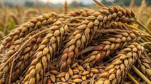 Close-up of ripe golden wheat ears and grains in a field, ready for harvest.