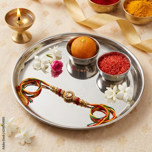 Traditional Indian Raksha Bandhan thali with Rakhi, sweet, rice, diya, and flowers for festival celebration.