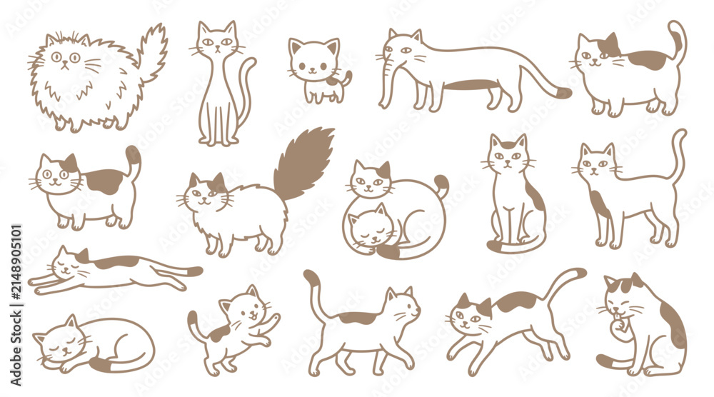 Obraz premium Set of cute cartoon cats in various poses. Hand drawn feline characters for design projects.