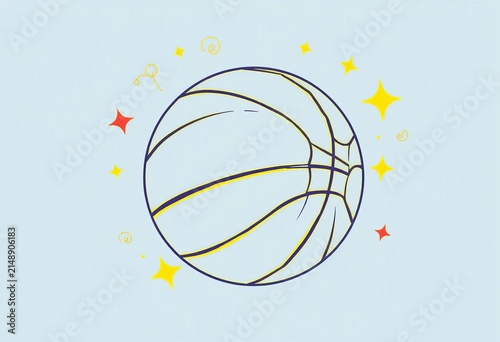 Whimsical line drawing of a basketball with playful squiggles and stars,  action,  ball