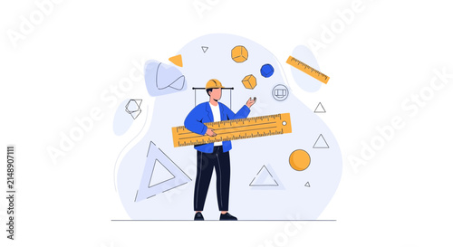Architect or Engineer with Rulers and Geometric Shapes, Concept of Planning, Design, and Precision