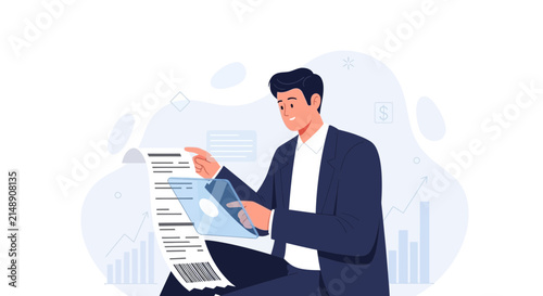 Business Professional Analyzing Financial Data on Tablet and Long Receipt