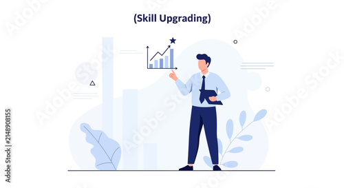 Business Professional Demonstrating Skill Upgrading and Career Growth with Upward Graph and Star Achievement