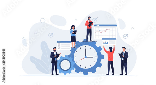 Business Team Collaboration and Project Management with Gears and Charts