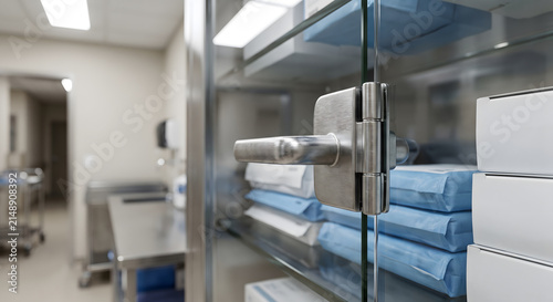 Hospital storage cabinet with medical supplies on shelves in clean sterile room for patient care.