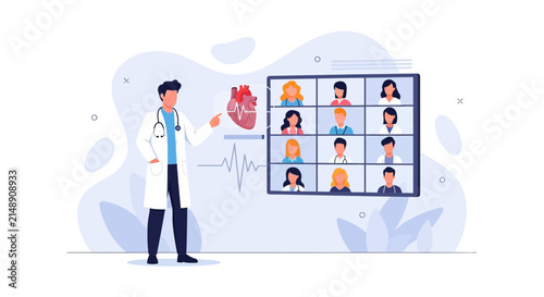 Doctor leading online medical conference or lecture with heart diagram and participants on screen