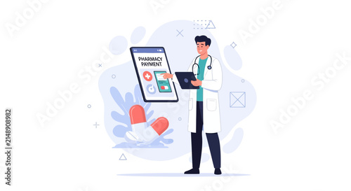 Doctor using smartphone for online pharmacy payments, digital health concept, modern flat illustration with medical icons.