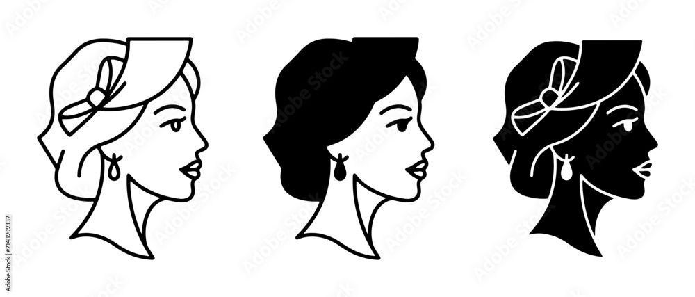 Fototapeta premium Elegant Woman Profile Icons, Vintage Lady Silhouette Set, Classic Female Head Vector Graphics, Retro Style Portrait Collection