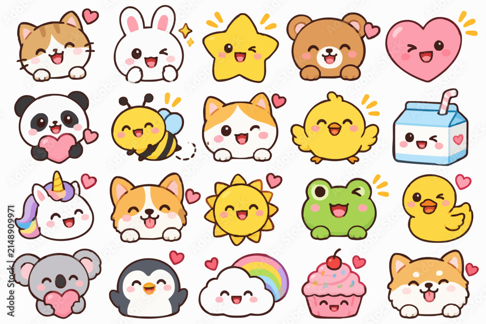 Fototapeta premium Kawaii Sticker Set Mix Animals, Food & Cute Things 