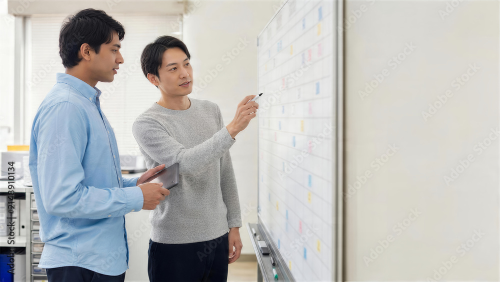 Fototapeta premium 職場で外国人スタッフに勤務表の見方を説明するOJT