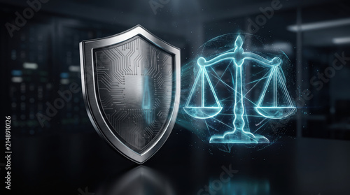 AI governance compliance ethics legal technology concept with digital shield and holographic justice scale symbolizing protection and regulation in futuristic environment
