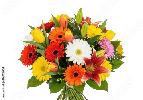 Colorful flower bouquet featuring tulips lilies and gerberas on transparent background