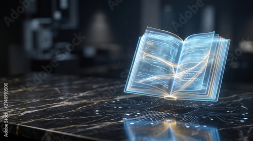 Glowing holographic book floats above marble table symbolizing ai technology and governance with compliance and legal ethics in futuristic digital environment