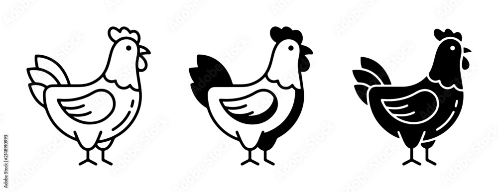 Obraz premium Chicken Icons Set, Rooster Vector Graphics, Farm Animal Illustrations, Poultry Silhouette Collection, Simple Line Art and Solid Fill Designs