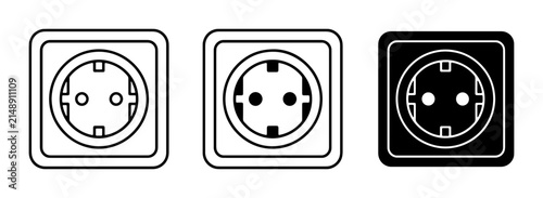 European Power Socket Icons, Electrical Outlet Vector Set, Black and White Plug Socket Graphics for Energy and Technology Concepts