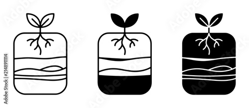 Plant Growth Soil Layers Icons, Seedling Root System Cross-section, Organic Farming and Botany Concepts, Black and White Vector Graphics