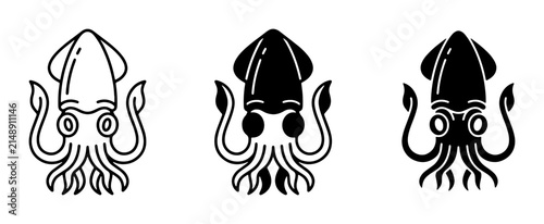 Squid Icons Set, Marine Life Vector Graphics, Cephalopod Illustrations, Seafood Symbol Collection, Black and White Nautical Art
