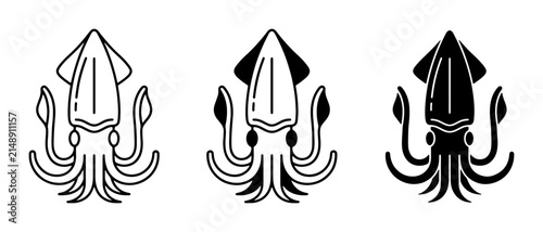 Squid Icons Set, Marine Life Vector Graphics, Cephalopod Illustrations, Seafood Symbols, Ocean Creatures, Black and White Designs