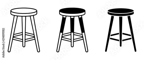 Bar Stools, Counter Stools, Wooden Stools, Set of 3, Simple Line Art Icons, Minimalist Furniture Collection for Kitchen, Cafe, or Bar Design