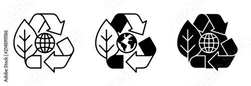 Eco-friendly recycling symbols, global sustainability icons, green planet conservation graphics, environmental protection emblems, set of three vector illustrations