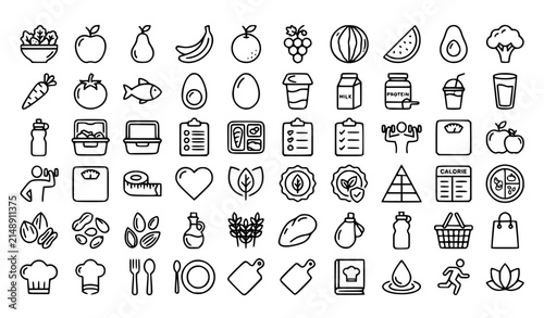 Healthy Food Outline Icons Collection with Nutrition Meal Prep Fruit and Wellness Editable Stroke Symbols