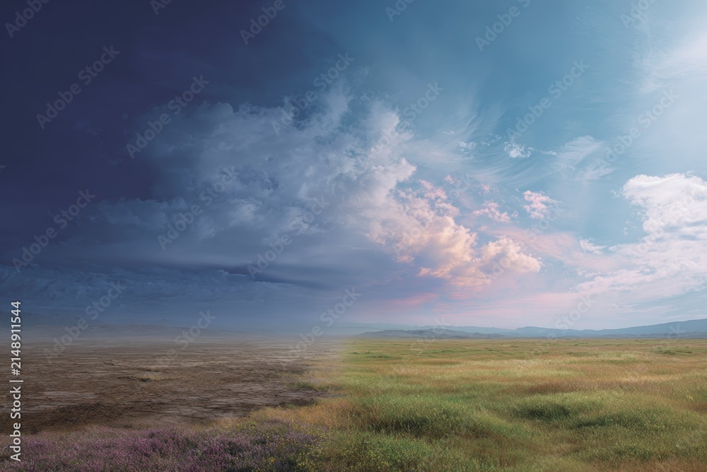 Obraz premium Wide landscape showing contrasting polluted barren land and green grassland for environmental duality poster and banner background