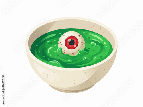 Spooky eyeball floating in green toxic soup vector illustration for Halloween horror concept isolated on white background