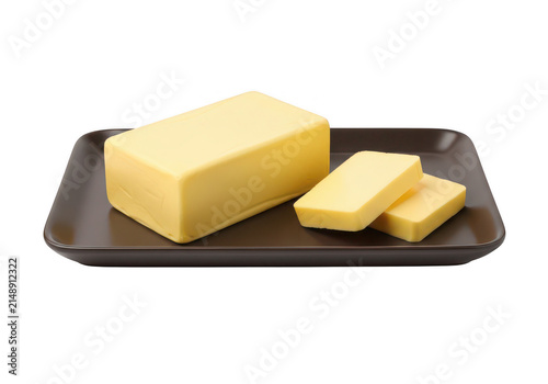 Block of butter and sliced portions on a dark tray on transparent background