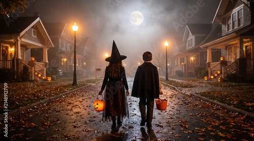 Two children wearing costumes walking down suburban street under full moon during autumn halloween night