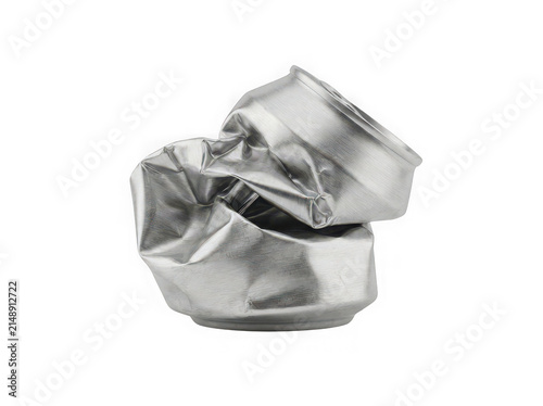 A single empty aluminum soda can that has been crushed and flattened