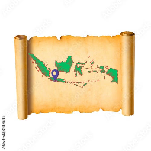 Indonesia Map with Location Pin on Vintage Parchment Scroll