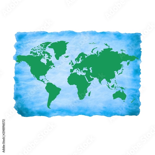 Watercolor World Map Illustration with Green Continents and Blue Background
