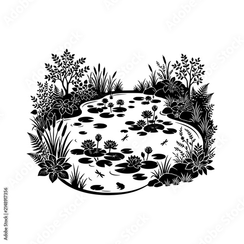Lotus pond ecosystem silhouette illustration
