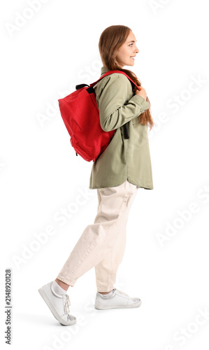 Female student with backpack on white background