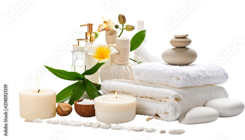 Spa Treatment Still Life: Candles, Stones, Towels, and Oils