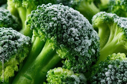 Frost-covered frozen broccoli texture