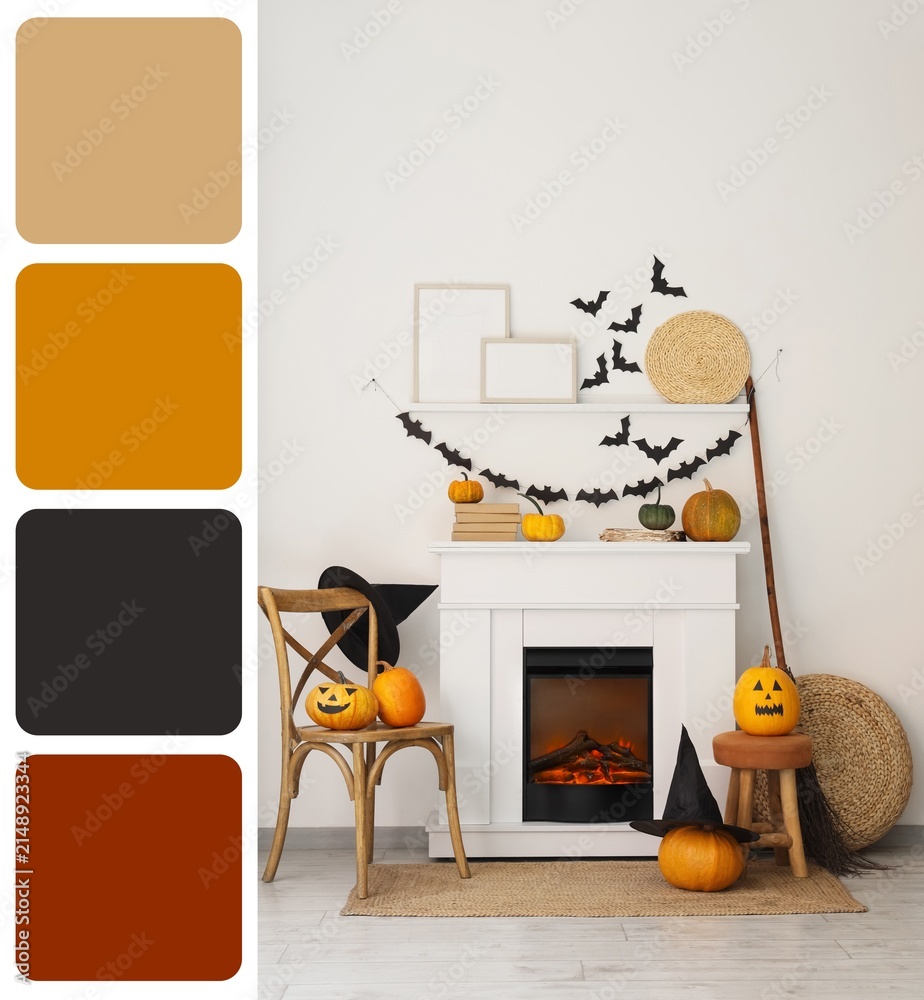 Obraz premium Cozy Halloween decorated fireplace with pumpkins and bats