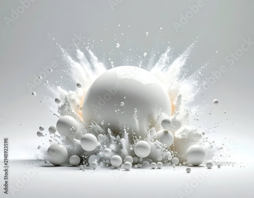 Large white sphere bursts outward, creating a cloud of smaller spheres and particles