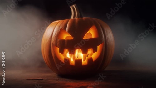 a carved pumpkin with a flickering candle glow inside, warm orange light pulsing softly and casting dancing shadows on the carved face, set against a dark blurred background with subtle fog