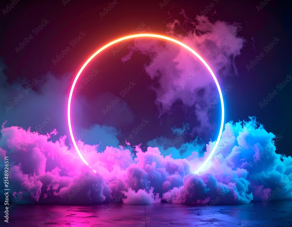 Naklejka premium Vivid neon ring illuminates fluffy, colored clouds, creating a surreal and dreamy atmosphere