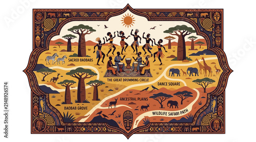 Canvas Print African Safari Landscape with Tribal Dance and Wildlife