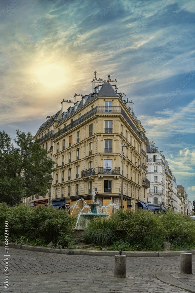 Fototapeta premium Paris, typical buildings in the 5e arrondissement, rue Monge, ancient facades 